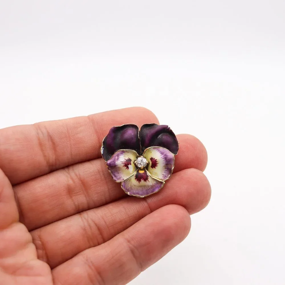 Hedges & Co. 1900 Art Nouveau Enamel Pansy Pendant 14Kt  Diamond - Picture 8 of 8